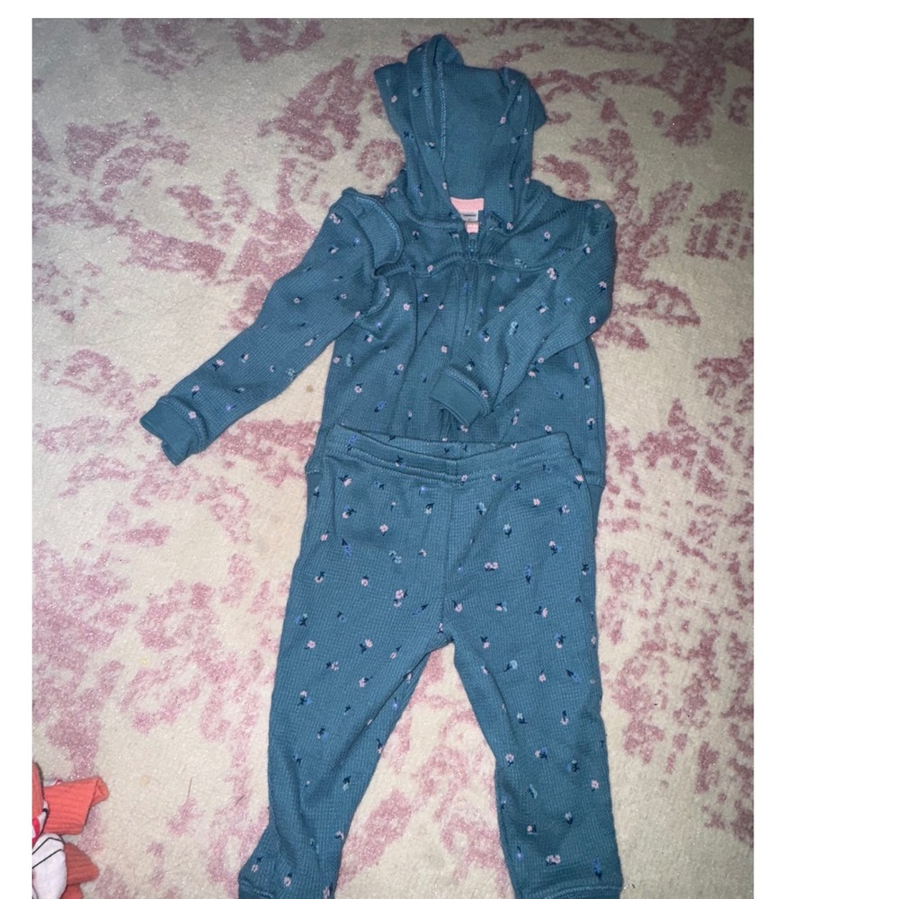 Carter's Baby 6M Outfit Set Blue Floral Waffle Knit Zip Up Hoodie and Pants